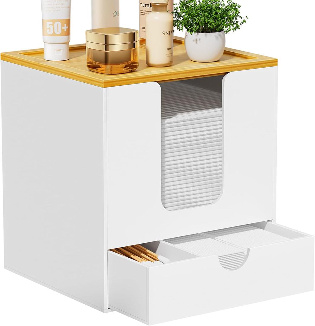 VITVITI Disposable Face Towel Holder for Clean Skin Club, Acrylic Bamboo Facial Towel Holder Box with Drawer, XL Face Towels Container for Bathroom Vanity Makeup, White