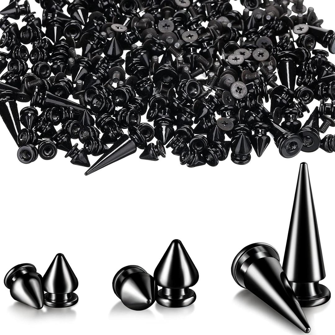 170 Pieces Multiple Sizes Cone Spikes Screwback Studs Rivets Large Medium Small Metal Tree Spikes Studs for Punk Style Clothing Accessories DIY Craft Decoration (Black)