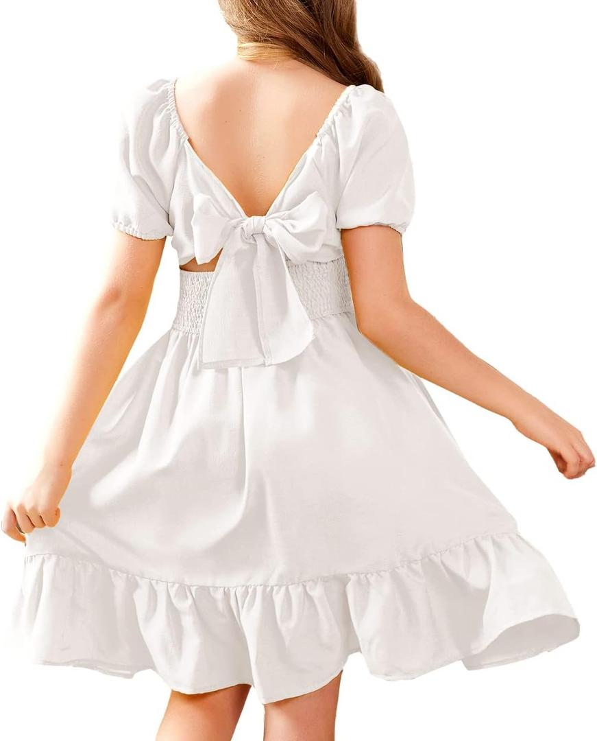 Arshiner Girls Tie Back Short Sleeve Ruffle Hem Off Shoulder Casual Elegant Dresses 4-12 Years (6-7 Years)