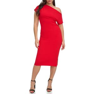 Siena Womens Scuba Stretch Off The Shoulder Midi Dress (0, Red)