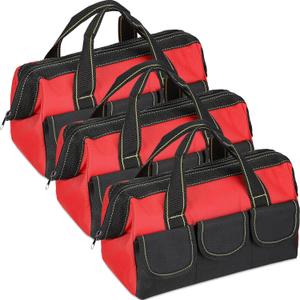 Sanwuta 3 Pack Tool Bag for Men with Waterproof Hard Bottom, Heavy Duty Tool Bag Wide Mouth Tote for Various Instrument, Electrician Carpenter Mechanic(Red,18 Inch,Classic)