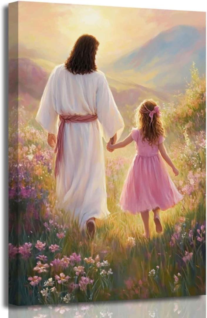 ZSHARTSWD Christian Wall Art Jesus Walking with Little Girl Pictures God Flower Field Canvas Print Religious Faith Painting for Church Kids Room Decor Framed (Beige, 24L x 16W)