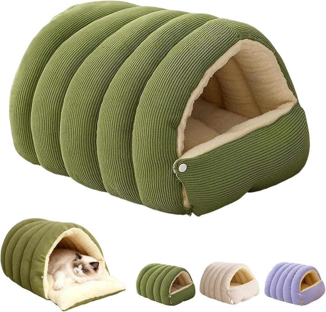 Cat Cave Bed with Hood - Indoor Cat Bed for Cats, Soft Cat Sleeping Bag, Pet Cave for Cats, Detachable Design (Green, 22 inch)