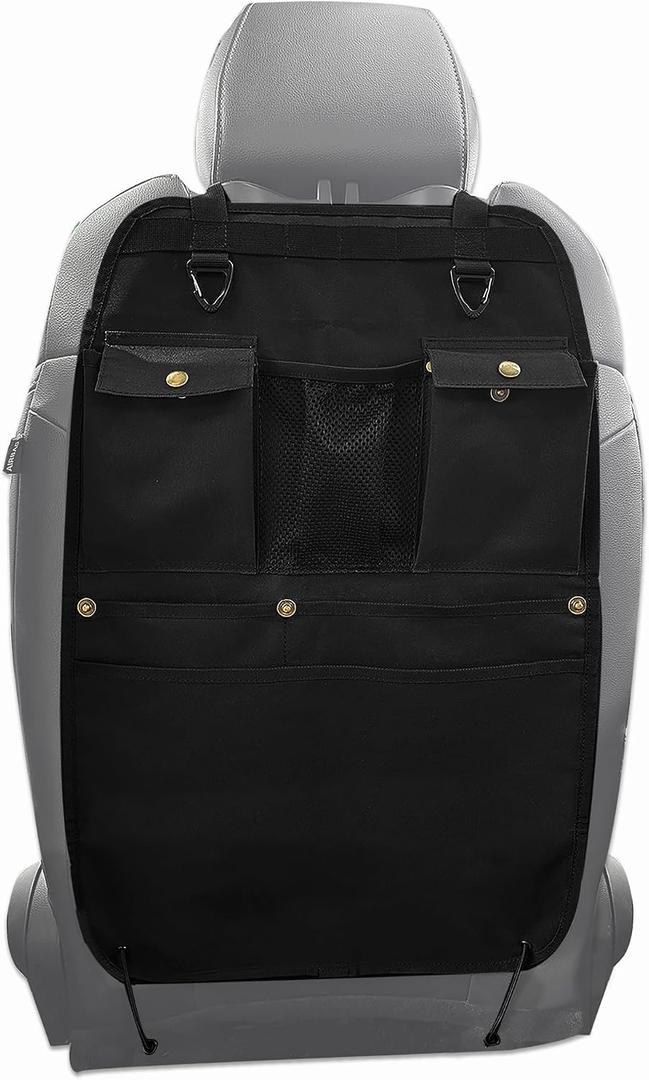 Black Car Seat Back Organizer with Multiple Pockets and Hooks