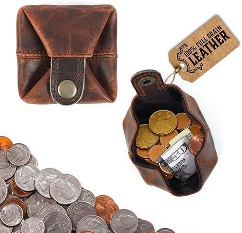 Leather Coin Pouch - Compact Change Holder and Mini Pocket Wallet for Men & Women (Brown)