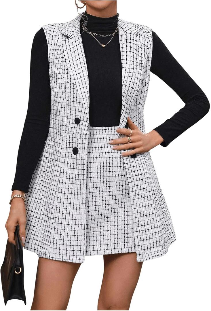 Floerns Women's 2 Piece Outfit Workwear Plaid Print Lapel Neck Vest Blazer and Skirt Set (Black and White) S