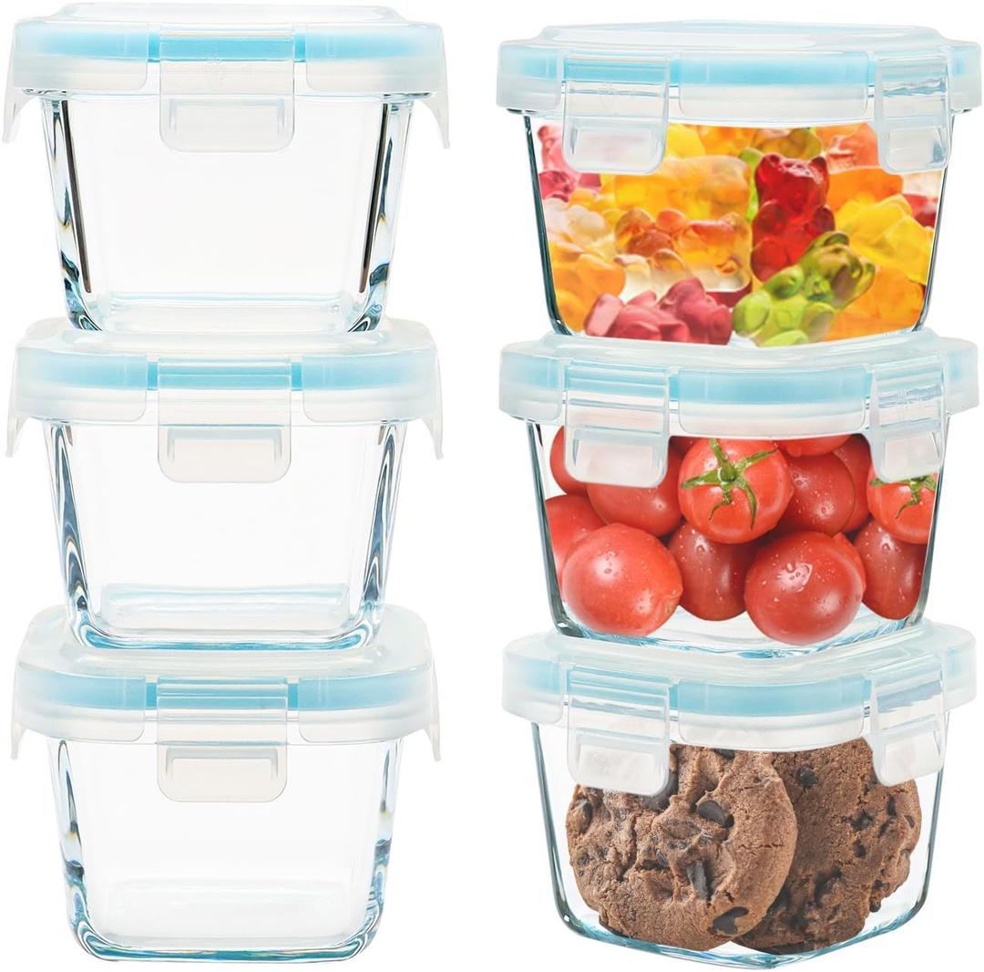 Small Glass Containers 6 Pack, 6 oz Reusable, Airtight, Leakproof Mini Food Storage Containers with Lids