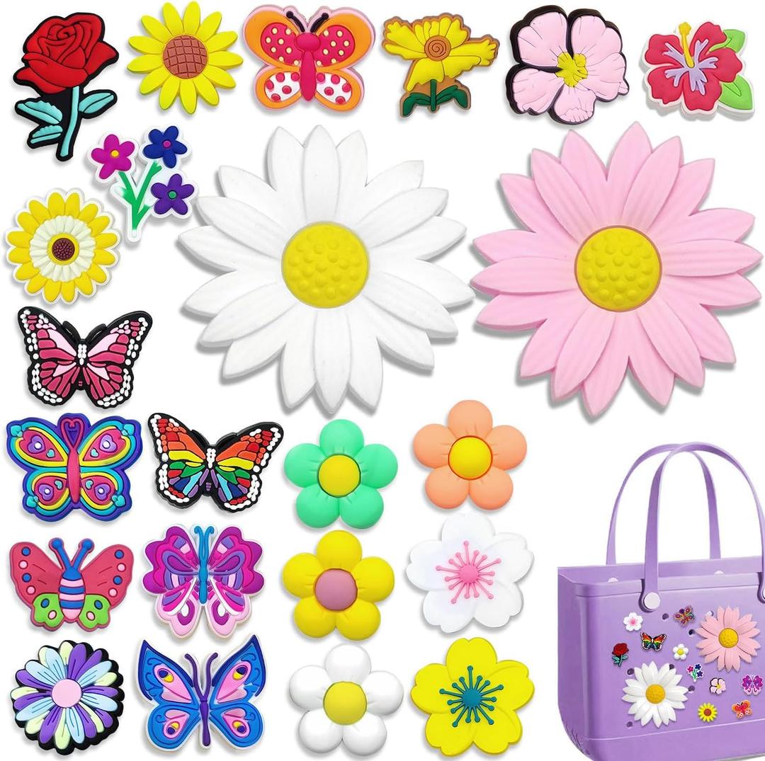 Beach Charms for Bogg Bag Accessories, Exquisite DIY Flower & Butterfly Sunshine Charms Universal Fit for Bogg Bag & Totes, Best Gift for Womens Beach Bag Personalization, Easy Install