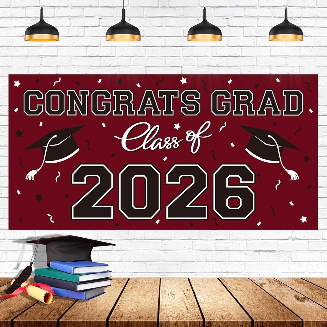 16 x 2026 Graduation Party Plastic Backdrop - 65" x 32.7" Congrats Grad Banner in Maroon, Large Class of 2026 Decorations, Photography & Grad Party Supplies