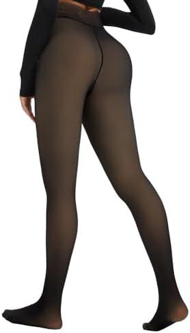 Spring Water Fleece Lined Tights Leggings Women, Black Tights Thermal Warm One Lined Design Sheer Skintone for Winter XL