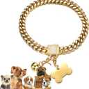 Heavy Duty Dog Chain Collar with Dog Tag, Bell, 18K Gold Plated 14MM Stainless Steel Cuban Link Chain Collar with Bling Rhinestone Secure Buckle,for Small Medium Large Dogs(14mm,20'')