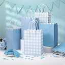 Kolldenn 24 Pcs Blue Gingham Party Supplies Gift Bags with Handles Scallop Kraft Paper Treat Candy Goodie Party Favor Bags for Baby Shower Birthday Wedding Decor