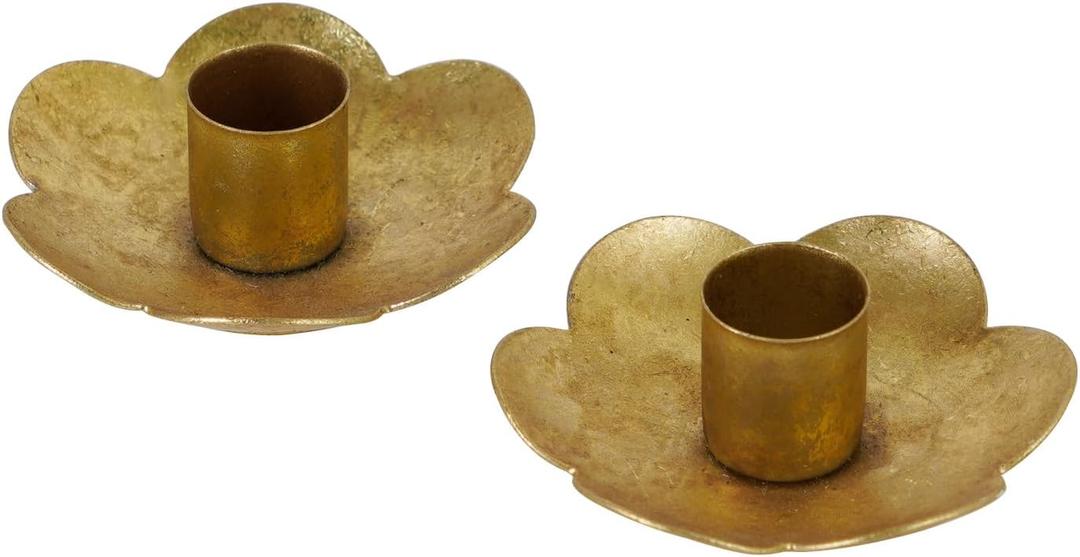 NIKKY HOME Gold Taper Candle Holders Set of 2, Vintage Flower Shaped Metal Candlestick for Table Centerpieces, Wedding Decor and Dinner Party