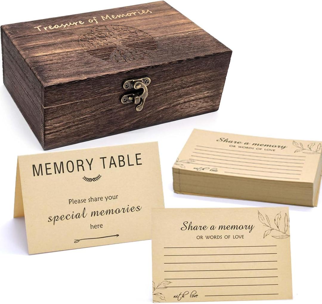 Wooden Share Love & Memories Box with 50 Pcs Share A Memory Cards for Celebration of Life Decorations - Elegant Keepsake for Funerals, Weddings, Birthdays & Graduations - Heirloom Storage Box