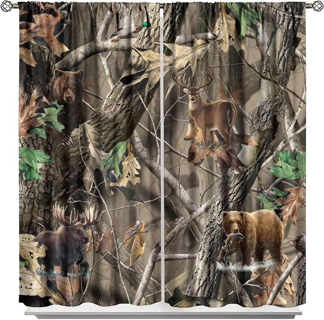 Forest Camouflage Curtains,Wild Animal Bear Deer Elk Blackout Rod Pocket Window Drapes for Living Room Bedroom Decor W42xL45in (Style)