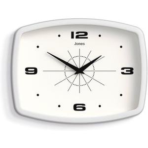 JONES CLOCKS Movie Wall Clock | Retro Rectangular Clock | 10 inch | White | Cool mid-Century Designer Look for Kitchen, Living Room or Office