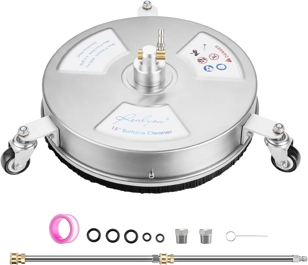 Realyou 15" Pressure Washer Surface Cleaner with 4 Wheels, Stainless Steel Surface Cleaner for Pressure Washer, Power Washer Surface Cleaner for Concrete, Patio, Sidewalk, Deck and Driveways