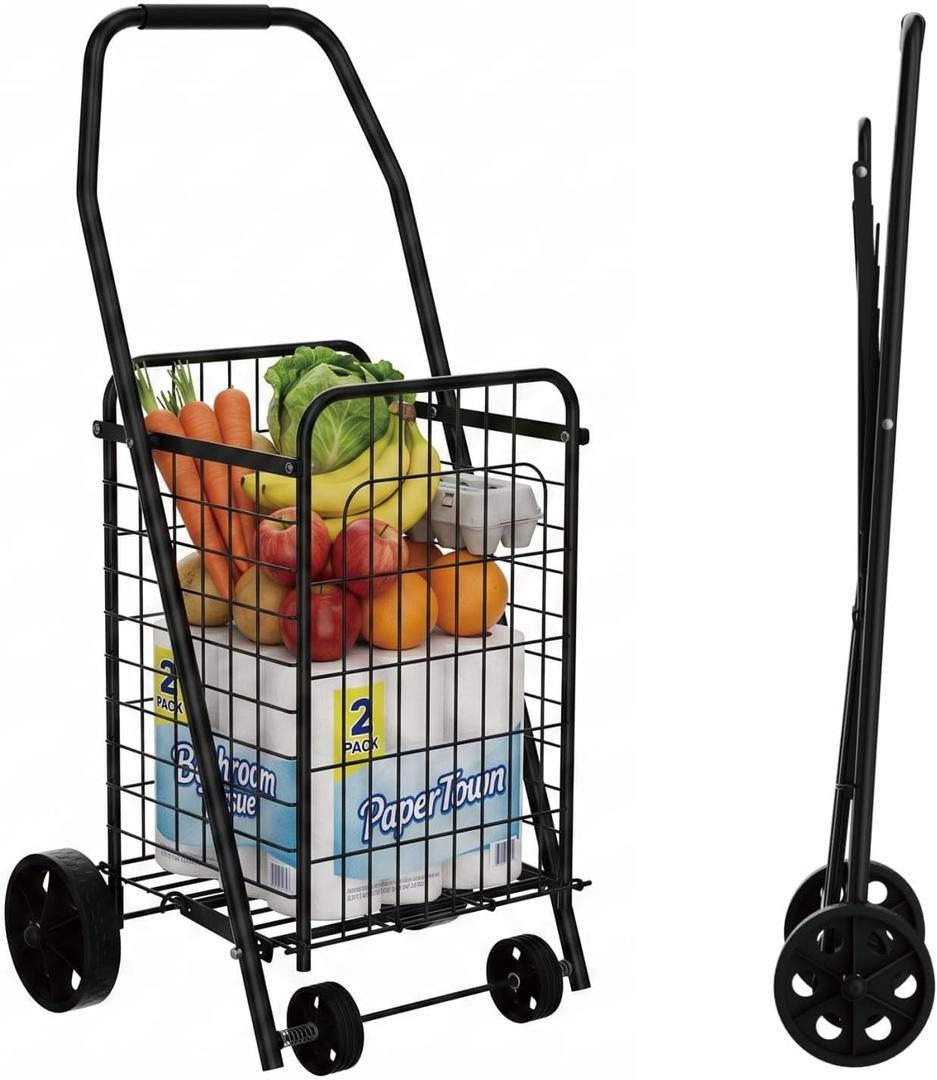 Foldable Shopping Cart with Wheels, Metal Rolling Utility Crate