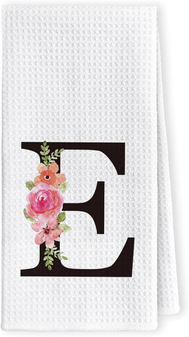 LKETW Floral Monogram Letter E Kitchen Towels Dish Towels, Initial Monogrammed Hand Towels for Bathroom Home Decor, Letter E Decor Family Last Name Tea Towels 16x24in, Letter E Gifts for Women Men