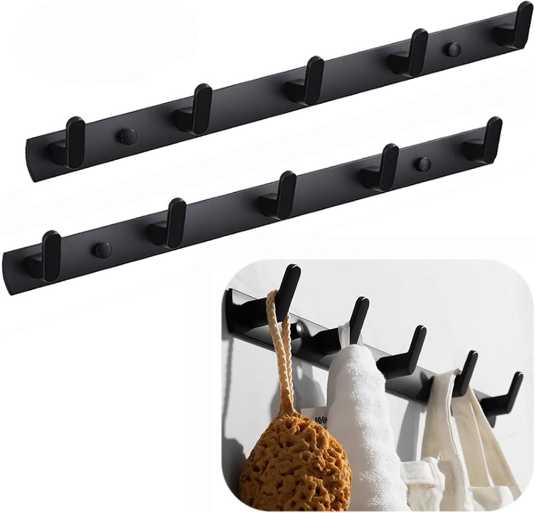 Wall Mounted Coat Racks with 5 Hooks Hanging Holder Towel Rack 17.7"x1.3" Modern Black Hanging for Clothes Entryway Bathroom (5 Hooks(2 Packs))