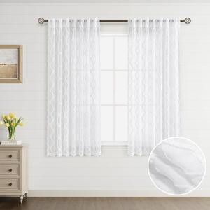 Short White Sheer Curtains 40x60 Inch 4 Panels for Small Bathroom Basement Short Embroidery Shabby Chic Window Treatment Back Tab Window Semi Voile Textured Curtains