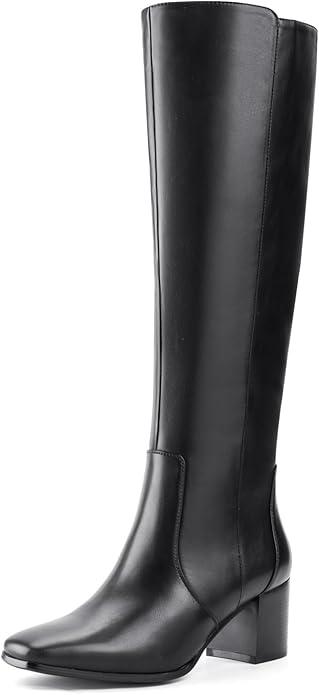 Shoe'N Tale Women's Knee High Boots Square Toe Mid Chunky Block Heeled Tall Boots Side Zipper(8,Black), 40