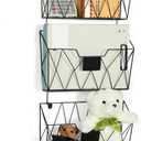 OYEAL Hanging Wall File Organizer Metal Wall File Holder 3 Pockets Mail Organizer Wall Mounted with Hooks for Office Home, Black