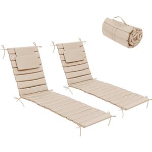Crestlive Products Chaise Lounge Cushion Outdoor Set of 2, Waterproof Foldable Pool Lounge Chair Cushions with Straps, Lounger Cushions for Outdoor Furniture, Patio, Lawn, 71''Lx21''W (Beige)
