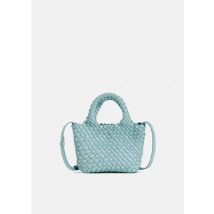 Women's Small Vegan Leather Tote Bag - Compact Woven Shoulder Purse for Daily Use, Retro Handmade Mini Bag (Blue)