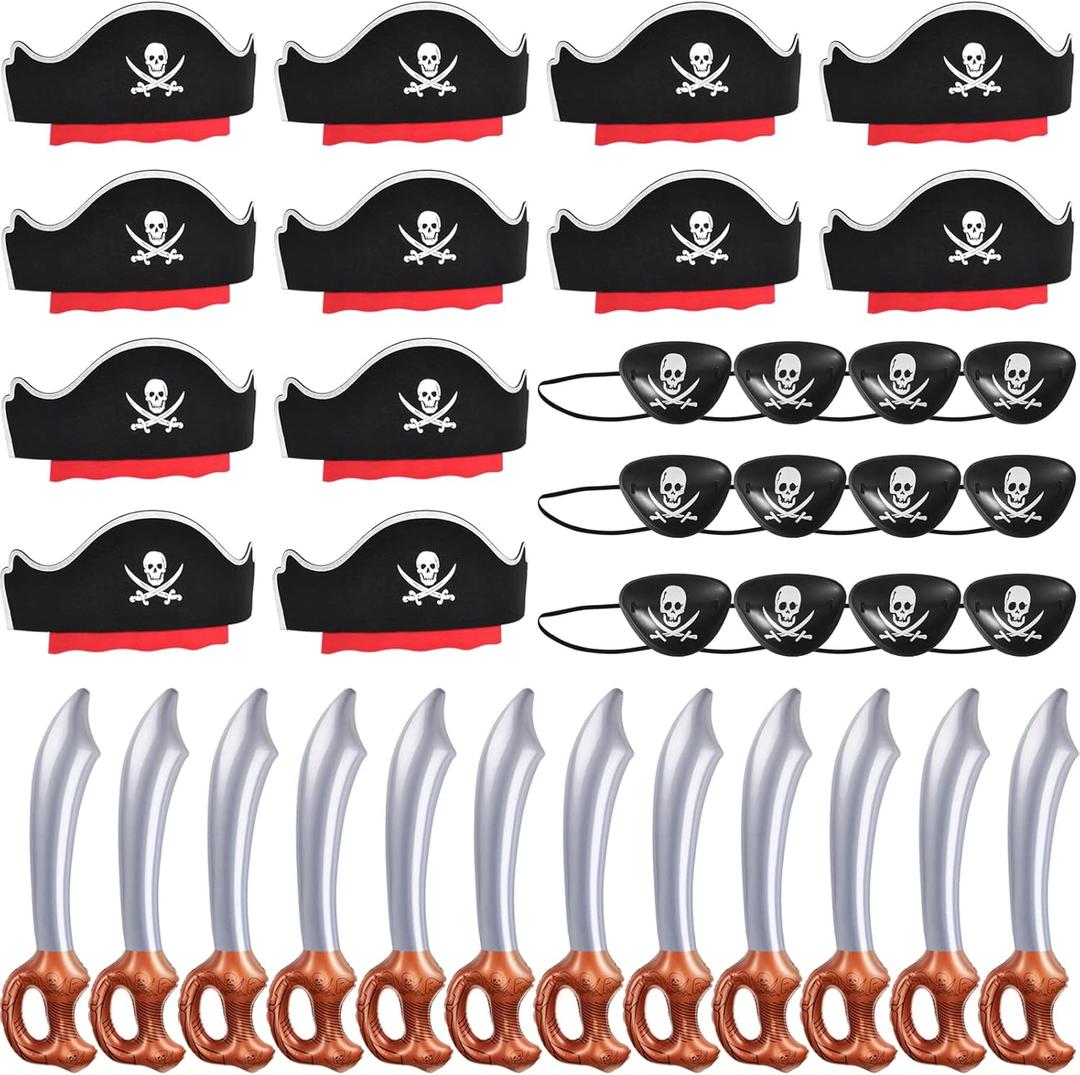 ZeeDix 36 Pcs Pirate Accessories for Kids, Include 12 Pirates Hats, 12 Eye Patches and 12 Swords, Pirate Party Decorations for Christmas, Halloween, Masquerade, Cosplay, Birthday (Black)