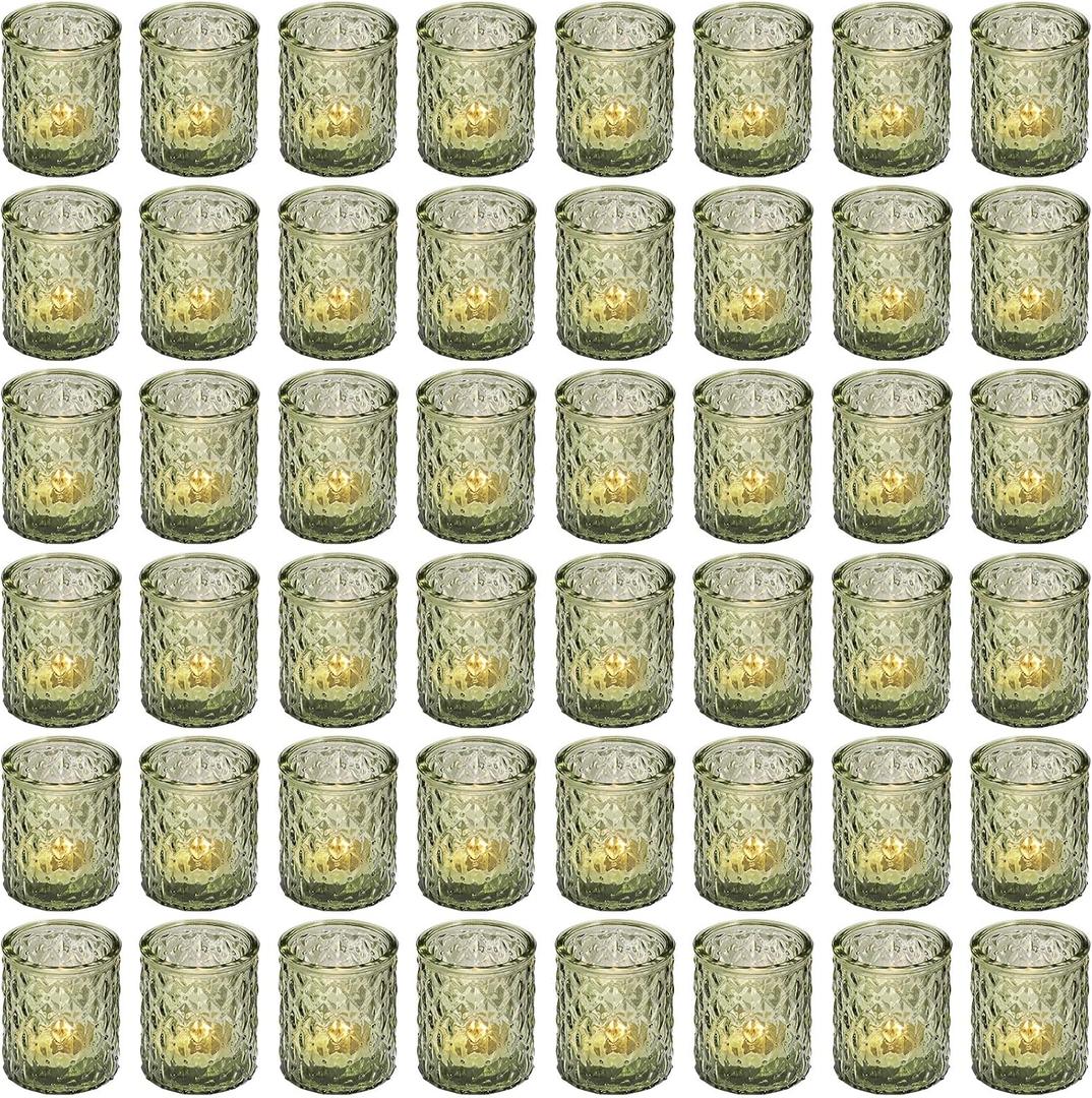 Maxdot 48 Pack Green Glass Votive Candle Holders 2.1 x 2.6 Inch St. Patrick's Day Tea Light Candleholder Bulk Xmas Glass Tealight Candlestick Holders for Table Centerpiece Home Wedding Party Decor
