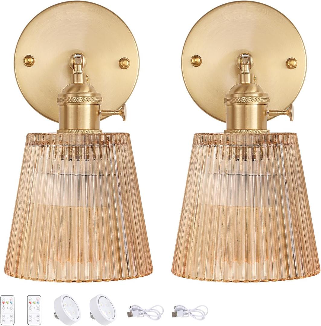 Vintage Battery Operated Wall Sconce with Amber Stripe Glass Lampshade Rechargeable Battery Powered Wall Light with Remote Control for Bedside Bedroom Doorway, Set of 2