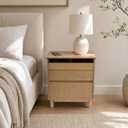 Nightstand with Charging Station, 3 Drawers Fluted Bedside Table, USB Ports Outlets, Mid Century Modern End Table, 1 Small and 2 Large Drawers, Natural Oak 、Walnut Finish (Natural Wood Color)