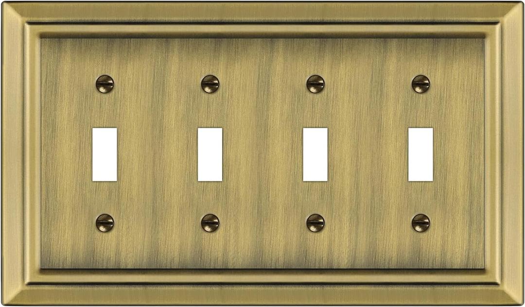 Dyekou Metal Wall Plate for Electrical Outlets, Decorative Antique Brass Switch Plates Outlet Cover, Light Switch Cover Plate, 4-Gang Wall Plates (Quad Toggle, 1 Pack)