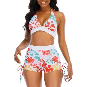 Womens High Waisted Swimsuits with Boy Shorts Brazilian Triangle Top Halter Bikini Tummy Control Two Piece Bathing Suits Tie Dye Floral, L