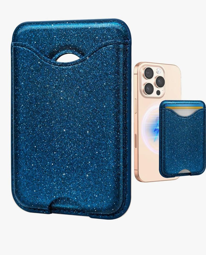Shorogyt Compatible with Magsafe Wallet Magnetic Card Holder - Glitter Blue Phone Wallets for Women Teen Girls Fashion for iPhone 17/16/15/14/13/12 Series Slim for Apple Mag RFID Magnet, Fit 3 Cards