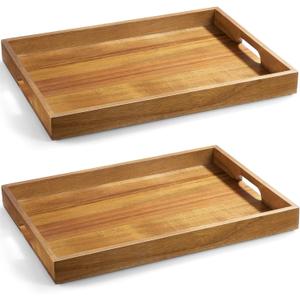2 Pack Acacia Wood Serving Tray with Handles - 17 Inch Large Wooden Tray for Ottoman, Breakfast in Bed, Dinner, Coffee Table 