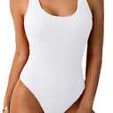 Limeeke Women One Piece Swimsuit Solid Ribbed Monokini Swimwear Scoop Neck Low Back Bathing Suit (X-Small, White)