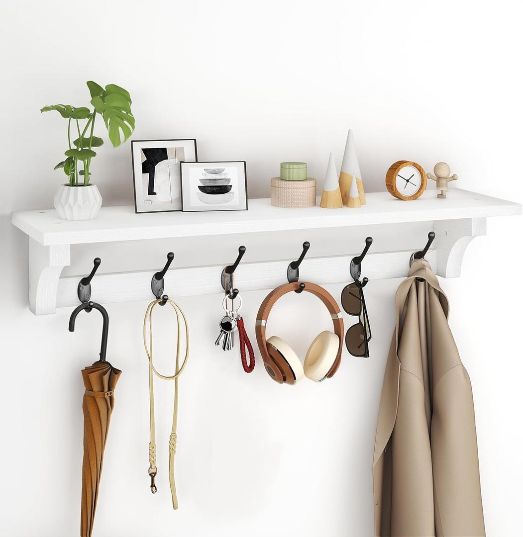 RALGEND Coat Rack Wall Mount Shelf, 29.1" Long Entryway Shelf with 6 Metal Hooks, Coat Hangers for Living Room, Modern Wooden Floating Wall Shelves for Bathroom, Bedroom, Kitchen, White 7401BJWT