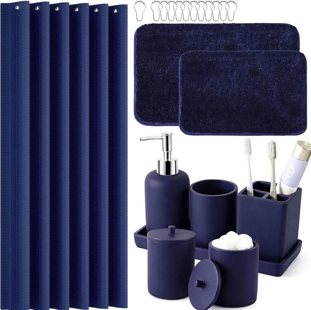 21 Pcs Bathroom Accessory Set with Waterproof Shower Curtain and Non Slip Mat,Resin Bath Set with Toothbrush Holder and Lotion Soap Dispenser,Bathroom Countertop Organizer Set for Home Apartment (Navy Blue)