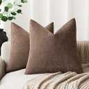 Foindtower Set of 2 Soft Textured Chenille Throw Decorative Pillow Covers Square Accent Solid Cushion Cover Cozy Neutral Farmhouse Pillow Case for Couch Sofa Bedroom Living Room 22x22 Inch, Chocolate