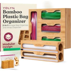 Bamboo Kitchen Storage Bag Organizer, Drawer Organizer with Foil Dispenser, Bamboo Organizer for Sandwich Bags, Plastic Wrap, Baggie and Foil, Premium Kitchen Drawer Organizer