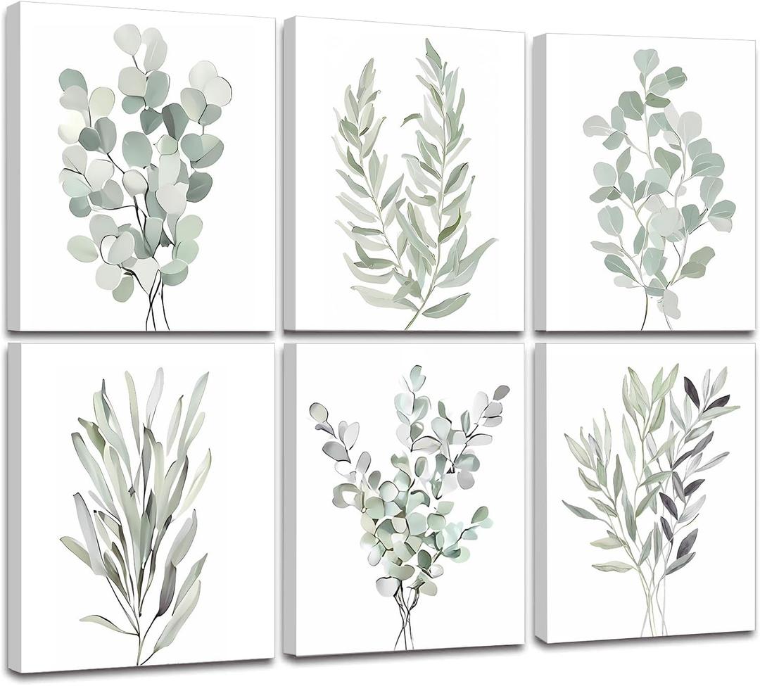 Botanical Plant Canvas Wall Art, Boho Wall Decor for Bathroom, Minimalist Aesthetic Bedroom Wall Art, Light Green Botanical Art Painting for Office, Set of 6(8x 10,Framed)