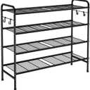 VILICK 4-Tier Shoe Rack 33" Wide Metal Shoe Organizer Long Shoe Storage with 4 Side Hooks Sturdy Shoes Shelf for Closet, Front Door Entrance, Garage, Dorm, Black