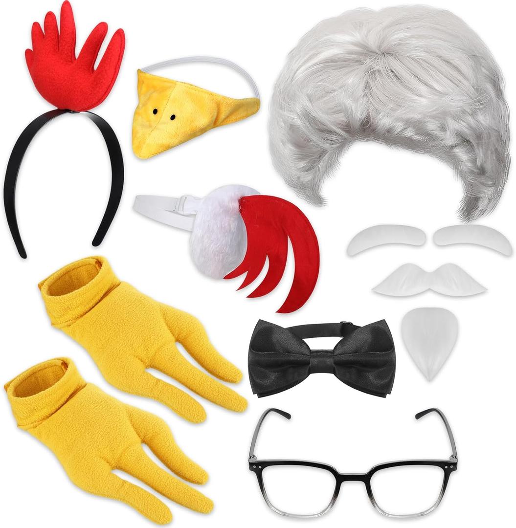 Riceshoot 9 Pcs Chicken Costume Adult Chicken Couple Costume Rooster Headband Tail Beak Nose Mask Feet White Colonel Wig Moustache for Halloween Cosplay Dress-Up Party Accessories