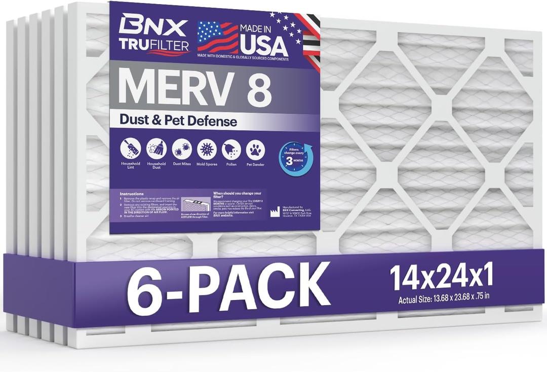 BNX TruFilter 14x24x1 Air Filter MERV 8 (6-Pack) - MADE IN USA  Dust & Pet Defense Air Conditioner HVAC AC Furnace Filters for Dust, Pet, Mold, Pollen MPR 600  700 & FPR 5