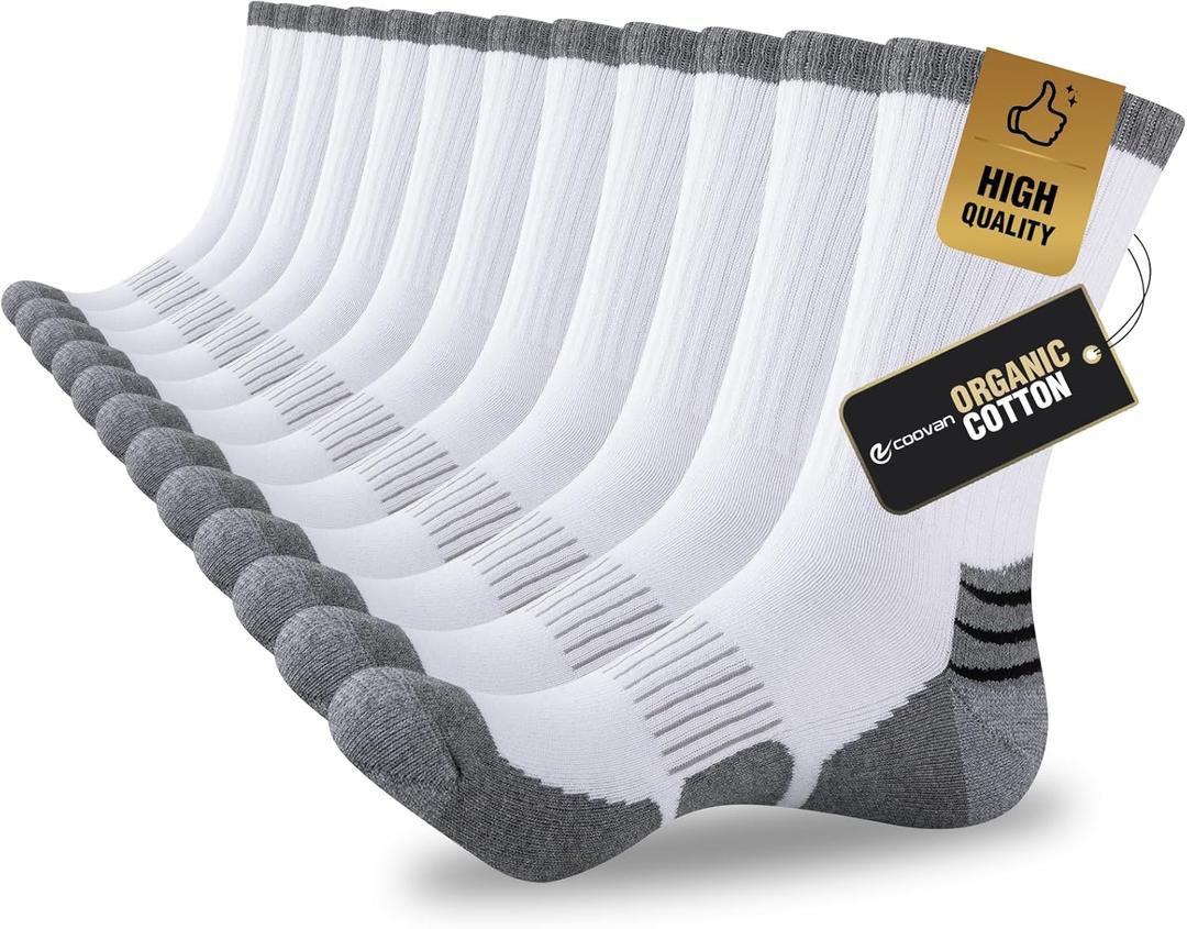 COOVAN Mens Cotton Crew Socks Moisture Wicking Cushioned Athletic Heavy Duty Work Boot Socks 6 Pairs (Large-X-Large, White)