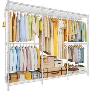 ULIFHOME E14 Pro Heavy Duty Clothes RackFreestanding Clothing Racks for Hanging ClothesAdjustable Closet Organizers and StorageMetal Garment Rack with Shelves 69"W x16"D x77"HMax Load 960LBSWhite