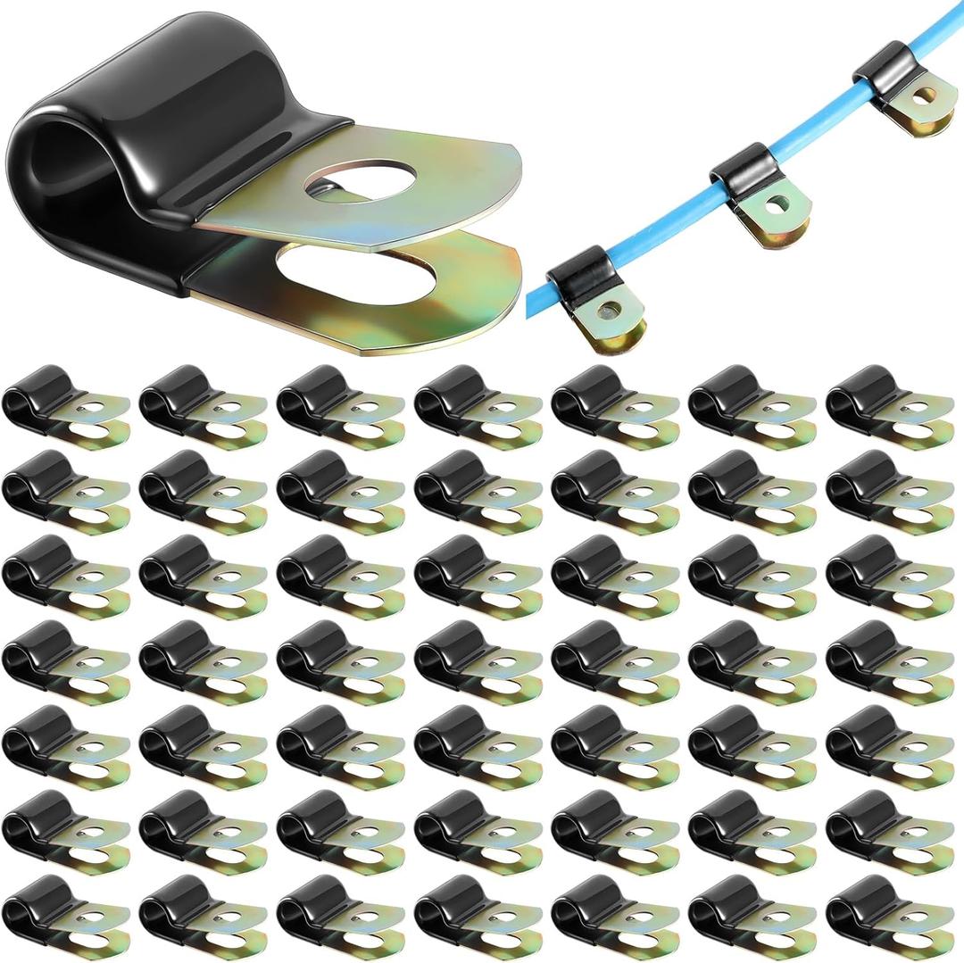 Tandefio 50 Pack Vinyl Coated Cable Clamps Galvanized Steel Cable Metal Wire Rubber Cushioned Insulated Hose Pipe Clamp for Tube Lines Wire Cord Installation(1/4 Inch, 6mm)