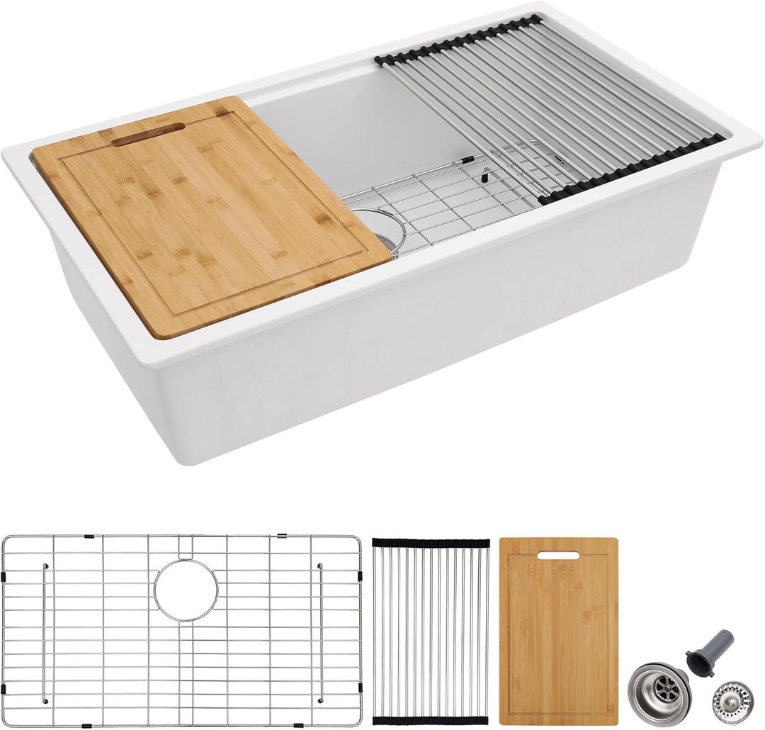 32 Granite Composite Kitchen Sink - Fulorni 32"x19" Granite Kitchen Sink Undermount Ledge Workstation White Quartz Classic Under Counter Single Bowl Basin